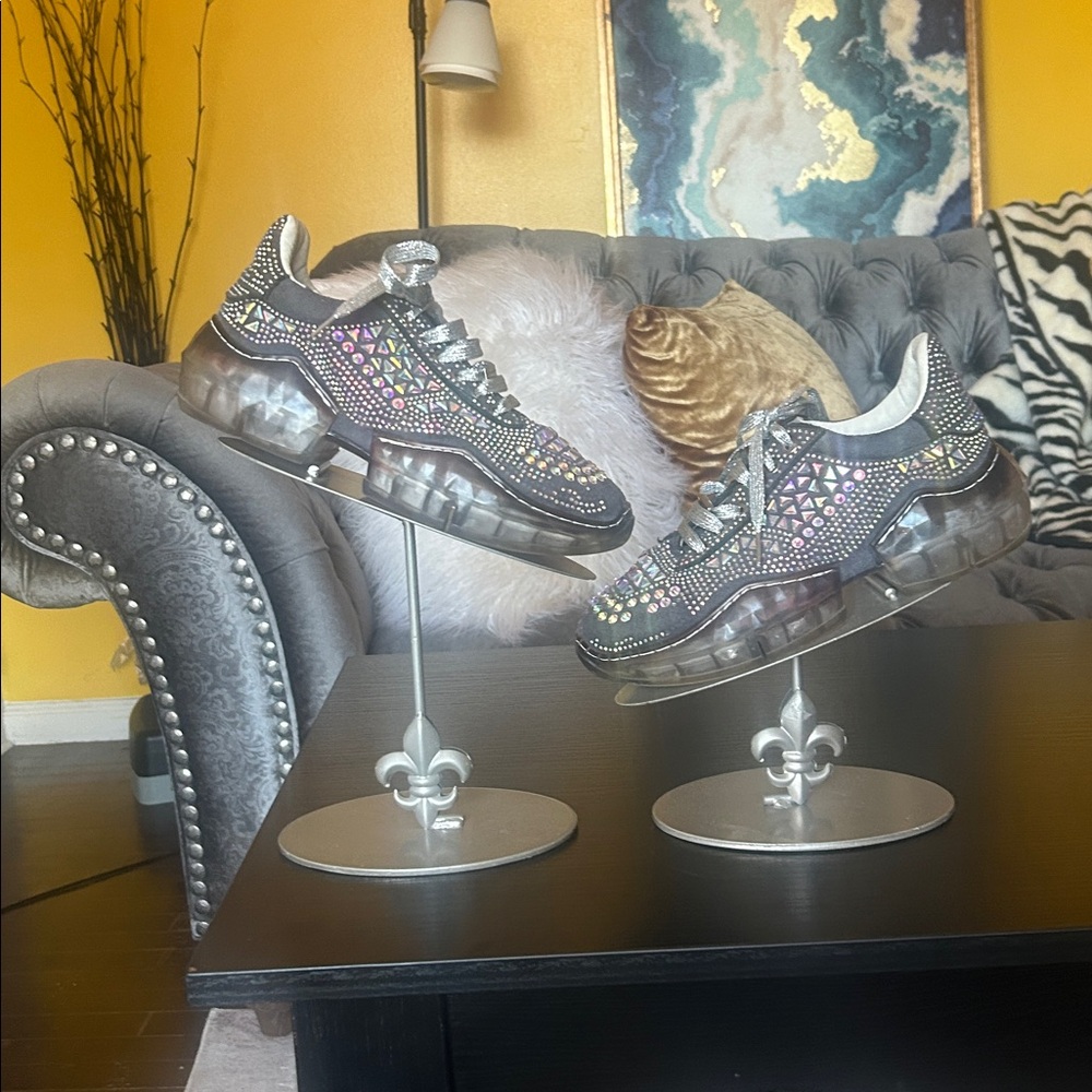 Stylish Dark Grey and Silver Women's Bedazzled Sneakers - Picture 1 of 11